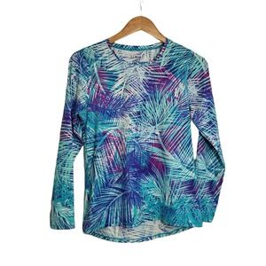 LL Bean Blue Purple Pink Palm Leaves SunSmart UPF 50+ Long Sleeve Swim Shirt XS